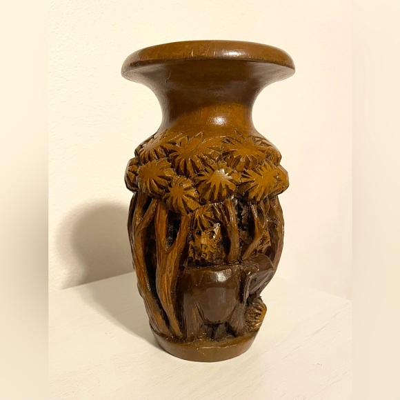Other - Hand Carved Wooden Vase with Trees and Elephants